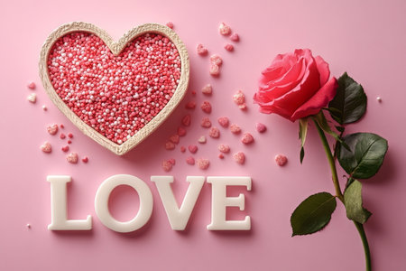 A heart-shaped dish filled with pink sprinkles sits beside a vibrant rose on a soft pink surface, creating a romantic and festive atmosphere perfect for celebrations or gifts.の素材