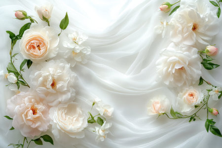 Soft roses in shades of white and pink are arranged artistically with delicate greenery on a flowing sheer fabric background, creating a serene and elegant atmosphere for decor.の素材