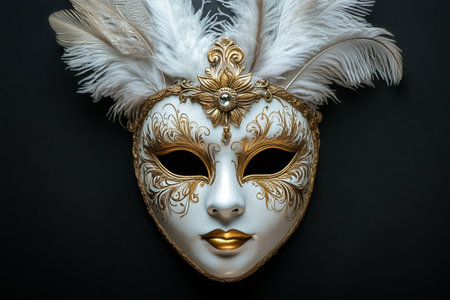 This striking masquerade mask features intricate gold designs, a white base, and stunning feathers. It serves as a perfect accessory for festive occasions and elegant gatherings.の素材