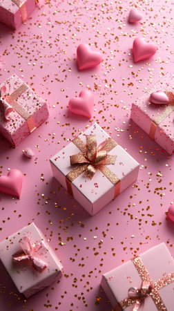 A collection of pink wrapped gifts adorned with bows and heart-shaped decorations lies on a shiny surface. Glittering gold confetti adds a festive touch to the vibrant display.の素材