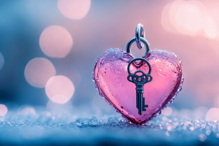 A heart shaped padlock with a key inside is displayed against a blurred bokeh background sparkling in soft colors. Water droplets adorn the surface, enhancing its romantic appeal.の素材