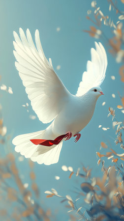 A white dove with outstretched wings flies through a serene landscape, surrounded by soft leaves under clear blue skies, showingcasing freedom and tranquility.の素材
