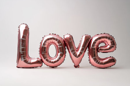 Shiny rose gold balloons spell out love, perfect for decorating a romantic setting or celebration. The glossy finish adds a festive touch, ideal for gatherings or special occasions.の素材
