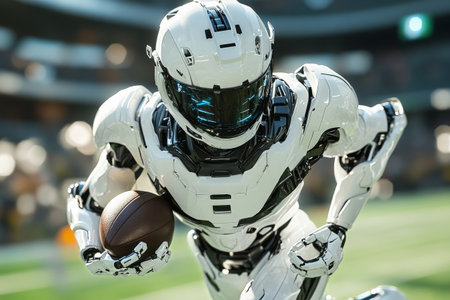 A humanoid robot in sleek white armor dashes across an advanced sports field, gripping a football tightly during a high-stakes match in the future.の素材