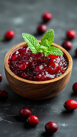 A wooden bowl filled with smooth cranberry sauce sits on a dark surface, surrounded by fresh cranberries and garnished with mint leaves, creating an inviting culinary display.の素材