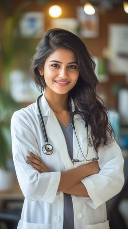 A young female doctor stands confidently in a medical clinic, wearing a white coat and a stethoscope, ready to assist patients with care and commitment.の素材