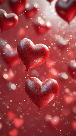 Red heart-shaped balloons are suspended in the air against a blurred dark backdrop. This colorful display adds a festive and romantic touch, perfect for celebrations or events.の素材