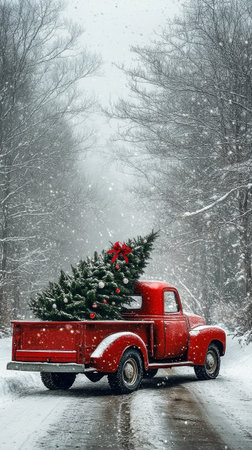 A vintage red truck drives along a snowy road, with a freshly cut Christmas tree adorned with a bow in the truck bed. Snowflakes gently fall, creating a festive atmosphere.の素材