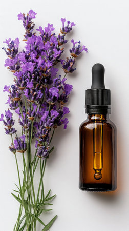 Lavender flowers lay beside a dark amber essential oil bottle, highlighting the soothing properties of lavender. The arrangement emphasizes a calming, aromatic wellness experience.の素材