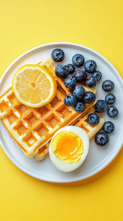 A breakfast plate showcases golden waffles topped with fresh blueberries and lemon slices, paired with a soft boiled egg. The bright yellow background enhances the foods appeal.の素材