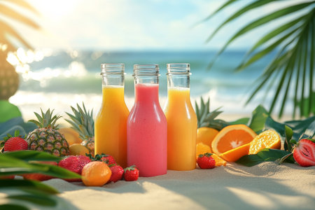 Brightly colored bottles of fresh fruit juices sit on sandy beach. Surrounding are tropical fruits and palm leaves, with the ocean shimmering in the sunlight behind them.の素材