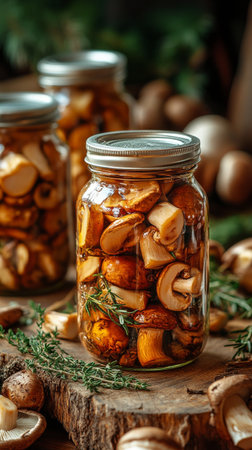 Jars filled with various preserved mushrooms sit on a wooden table, surrounded by fresh mushrooms and sprigs of herbs, showing a rustic and natural culinary aesthetic.の素材