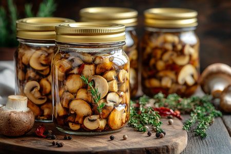 Four jars filled with preserved mushrooms and fresh herbs sit on a wooden board. Surrounding ingredients add a rustic touch, showcasing a cozy kitchen atmosphere perfect for cooking.の素材
