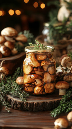 Four jars filled with preserved mushrooms and fresh herbs sit on a wooden board. Surrounding ingredients add a rustic touch, showcasing a cozy kitchen atmosphere perfect for cooking.の素材
