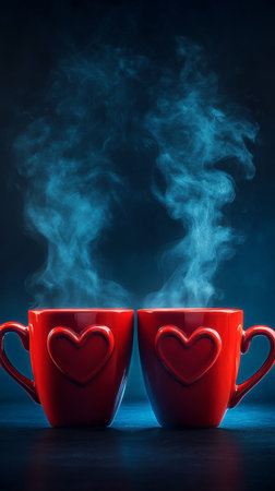 Two red cups filled with steaming hot drinks are placed side by side. The rising steam forms heart shapes against a dark backdrop, creating a cozy atmosphere.の素材