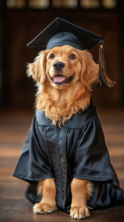 A cheerful golden retriever wearing a graduation cap and gown sits proudly on polished wooden floor, symbolizing achievement and joy on this special day in a cozy indoor setting.の素材