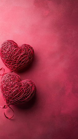 Two decorative heart shapes crafted from twine sit against a vibrant red background, perfect for creating a romantic atmosphere during Valentines Day festivities.の素材