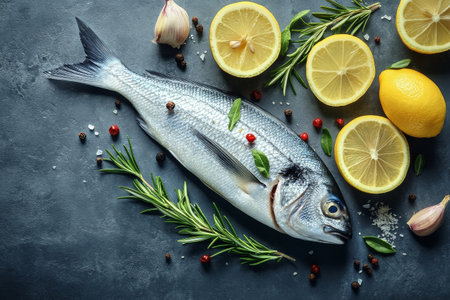 Fresh fish is artistically arranged with lemon slices, garlic, and rosemary on a textured countertop, showcasing vibrant colors and ingredients ready for cooking.の素材