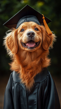 A cheerful golden retriever wearing a graduation cap and gown sits proudly on polished wooden floor, symbolizing achievement and joy on this special day in a cozy indoor setting.の素材