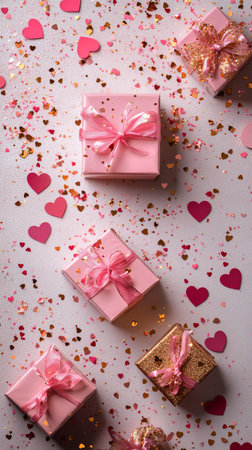Five gift boxes in shades of pink and gold are arranged on a light surface covered in heart-shaped confetti, perfect for a celebration or romantic occasion.の素材