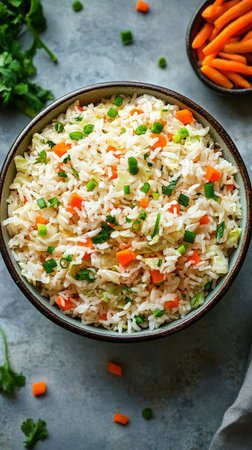 A bowl filled with colorful vegetable fried rice featuring chopped carrots, peas, and spring onions rests on a textured gray surface. Fresh herbs accompany the dish.の素材