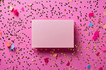 A vibrant pink surface is covered in colorful confetti, with a blank pink card placed at the center. This setup is perfect for crafting, celebrations, or party invitations.の素材