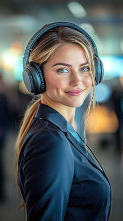 A young woman with long hair and a bright smile is wearing large headphones while standing in a lively indoor environment filled with people.の素材