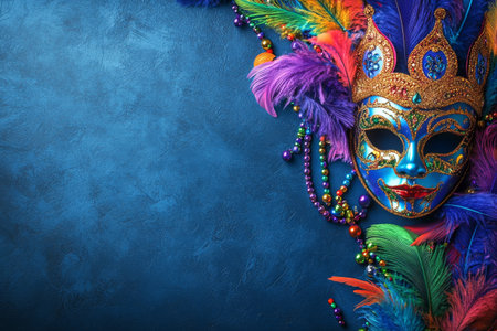 A decorative carnival mask adorned with colorful feathers and beads is displayed against a vivid blue background, capturing the essence of festive celebrations and joy.の素材