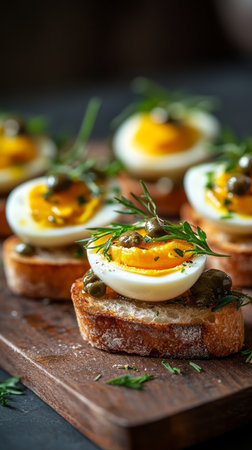 Delightful small bites featuring sliced boiled eggs on toasted bread, garnished with capers and fresh herbs, perfect for sharing at a casual brunch gathering.の素材