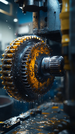 A detailed view of a rotating gear in a workshop, with oil splashing and machines working in the background. The environment is focused on precision engineering and manufacturing.の素材