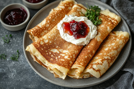 Soft pancakes arranged neatly on a plate, garnished with whipped cream and berry jam. This delightful brunch setting invites taste and warmth, perfect for any meal.の素材