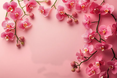 Delicate pink orchid flowers create an elegant border on a soft pastel background, perfect for invitations or celebrations. The arrangement showcases various sizes and shapes of blooms.の素材