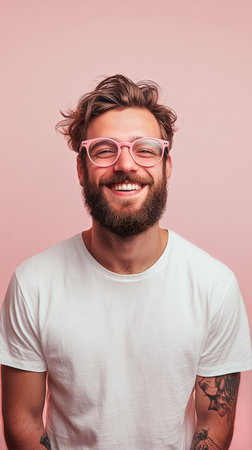 In a bright pink setting, a young man with curly hair and glasses displays a joyful smile, exuding happiness and warmth in a lively atmosphere.の素材