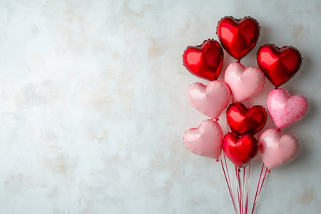 A cluster of heart-shaped balloons in red and pink hues floats against a light textured background, perfect for a romantic gathering or festive occasion.の素材