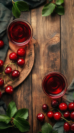 Two glasses filled with red liquid sit on a wooden table surrounded by fresh cherries and green leaves, creating a rustic and inviting atmosphere perfect for summer.の素材