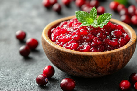 Homemade cranberry sauce features a rich red color and a smooth texture, garnished with fresh mint and surrounded by whole cranberries on a dark surface.の素材