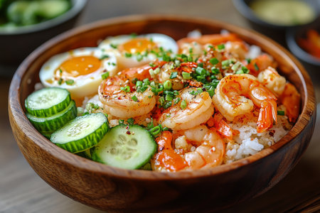 A colorful rice bowl features shrimp, fried egg, cucumber slices, and herbs, providing a nutritious and tasty meal. Ideal for a hearty lunch or dinner.の素材