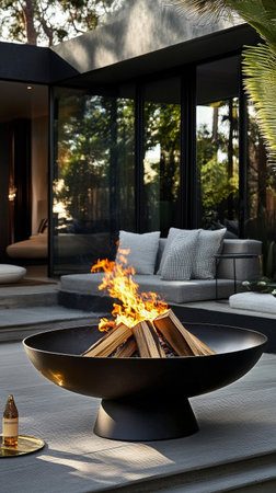 A fire pit burns brightly outdoors, surrounded by logs. The warm glow contrasts with the twilight sky, creating a welcoming ambiance for evening gatherings.の素材