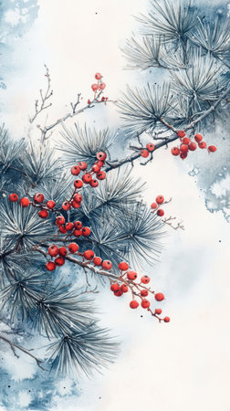 In a serene winter landscape, branches of pine trees bear vibrant red berries against a soft blue background, creating a tranquil and harmonious natural scene.の素材