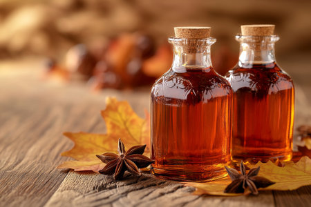 Two glass bottles filled with dark, fragrant liquid sit on a rustic wooden table surrounded by autumn leaves and star anise, creating a cozy seasonal vibe.の素材