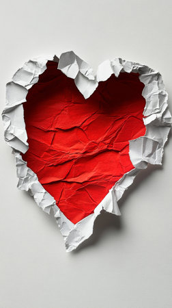 A heart shape cut out from torn paper reveals a vibrant red interior, set against a textured, neutral background, symbolizing love and creativity.の素材