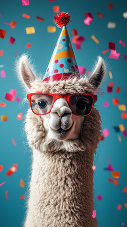 A llama dressed in a playful party hat and trendy sunglasses stands out against a bright blue background, with colorful confetti scattered around, creating a joyful atmosphere.の素材