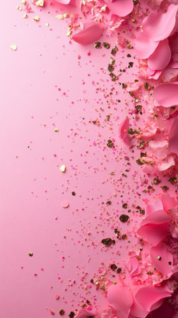 Delicate pink flower petals scatter across a light pink background, complemented by shimmering gold glitter, creating a festive atmosphere perfect for celebrations or events.の素材