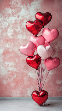 A cluster of heart-shaped balloons in red and pink hues floats against a light textured background, perfect for a romantic gathering or festive occasion.の素材