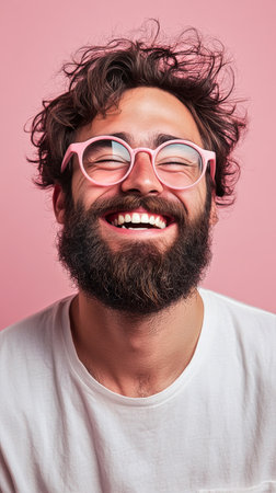 In a bright pink setting, a young man with curly hair and glasses displays a joyful smile, exuding happiness and warmth in a lively atmosphere.の素材
