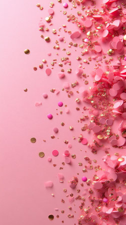 Delicate pink flower petals scatter across a light pink background, complemented by shimmering gold glitter, creating a festive atmosphere perfect for celebrations or events.の素材