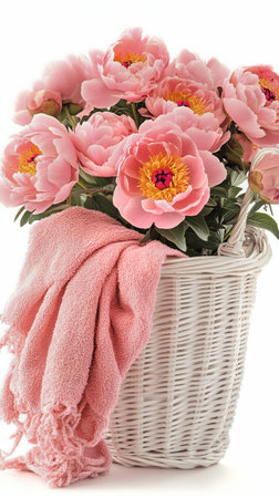 A woven basket filled with vibrant pink peonies sits indoors, accompanied by a soft pink blanket draped casually over the edge, creating a cozy and inviting atmosphere.の素材