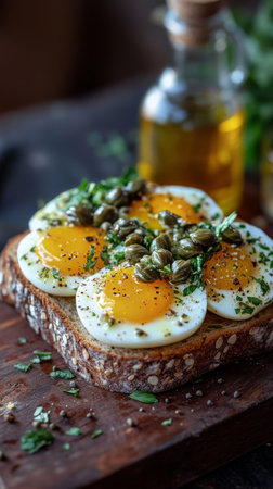 Two sunny side up eggs are placed on toasted dark bread, garnished with capers and green herbs, creating a nutritious and flavorful breakfast option ready to enjoy.の素材