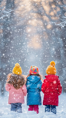 Three children wearing colorful winter coats and hats playfully watch the snowfall in a serene forest setting during winter time.の素材