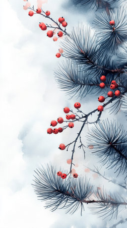 In a serene winter landscape, branches of pine trees bear vibrant red berries against a soft blue background, creating a tranquil and harmonious natural scene.の素材